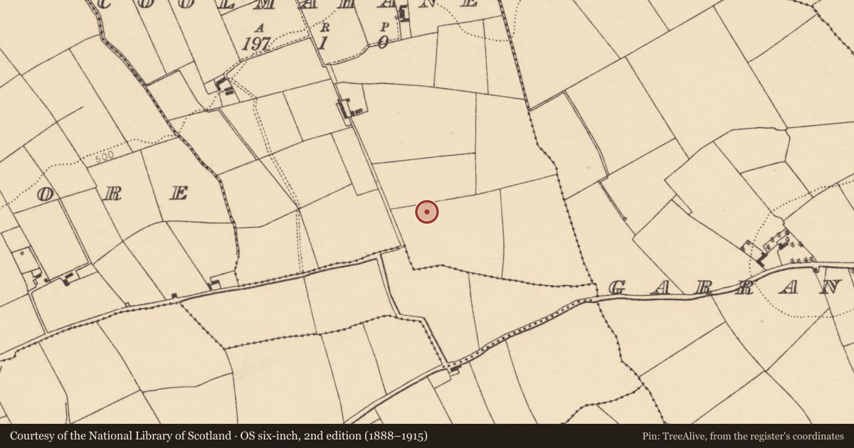 Ordnance Survey six-inch map, 2nd edition (1888–1915) covering the location of Moated site, Coolmahane, County Cork, with a pin at the register's coordinates