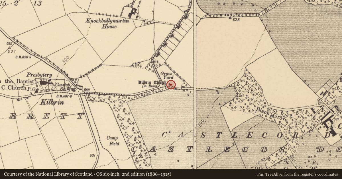 Ordnance Survey six-inch map, 2nd edition (1888–1915) covering the location of Church, Castlecor Demesne, County Cork, with a pin at the register's coordinates