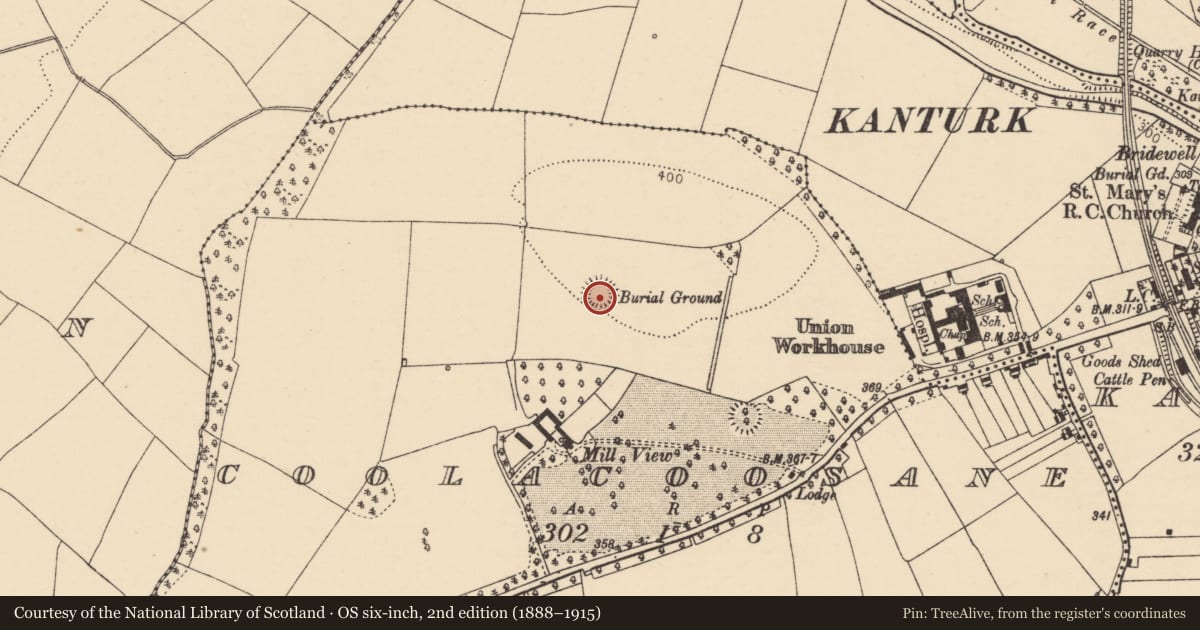 Ordnance Survey six-inch map, 2nd edition (1888–1915) covering the location of Burial ground, Coolacoosane, County Cork, with a pin at the register's coordinates