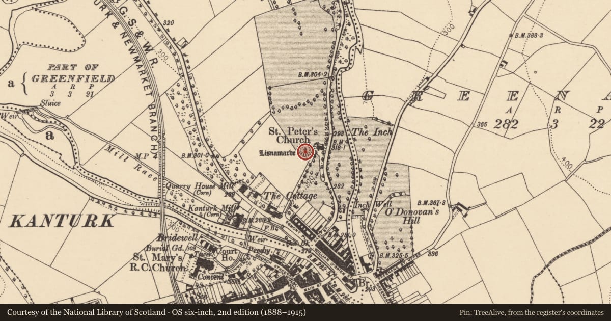 Ordnance Survey six-inch map, 2nd edition (1888–1915) covering the location of Burial ground, Curragh (Duhallow By., Clonfert Par.), County Cork, with a pin at the register's coordinates