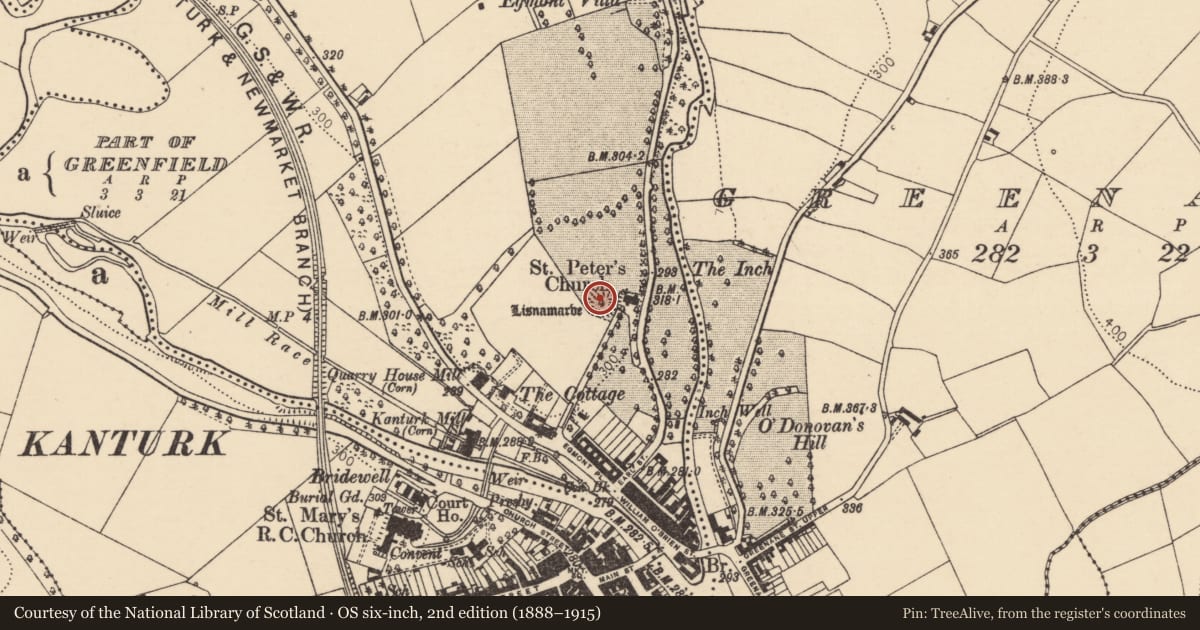 Ordnance Survey six-inch map, 2nd edition (1888–1915) covering the location of Church, Curragh (Duhallow By., Clonfert Par.), County Cork, with a pin at the register's coordinates