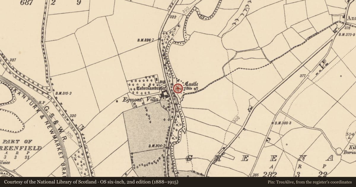 Ordnance Survey six-inch map, 2nd edition (1888–1915) covering the location of Castle - unclassified, Curragh (Duhallow By., Clonfert Par.), County Cork, with a pin at the register's coordinates