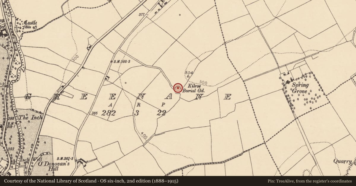 Ordnance Survey six-inch map, 2nd edition (1888–1915) covering the location of Ringfort - rath, Greenane, County Cork, with a pin at the register's coordinates