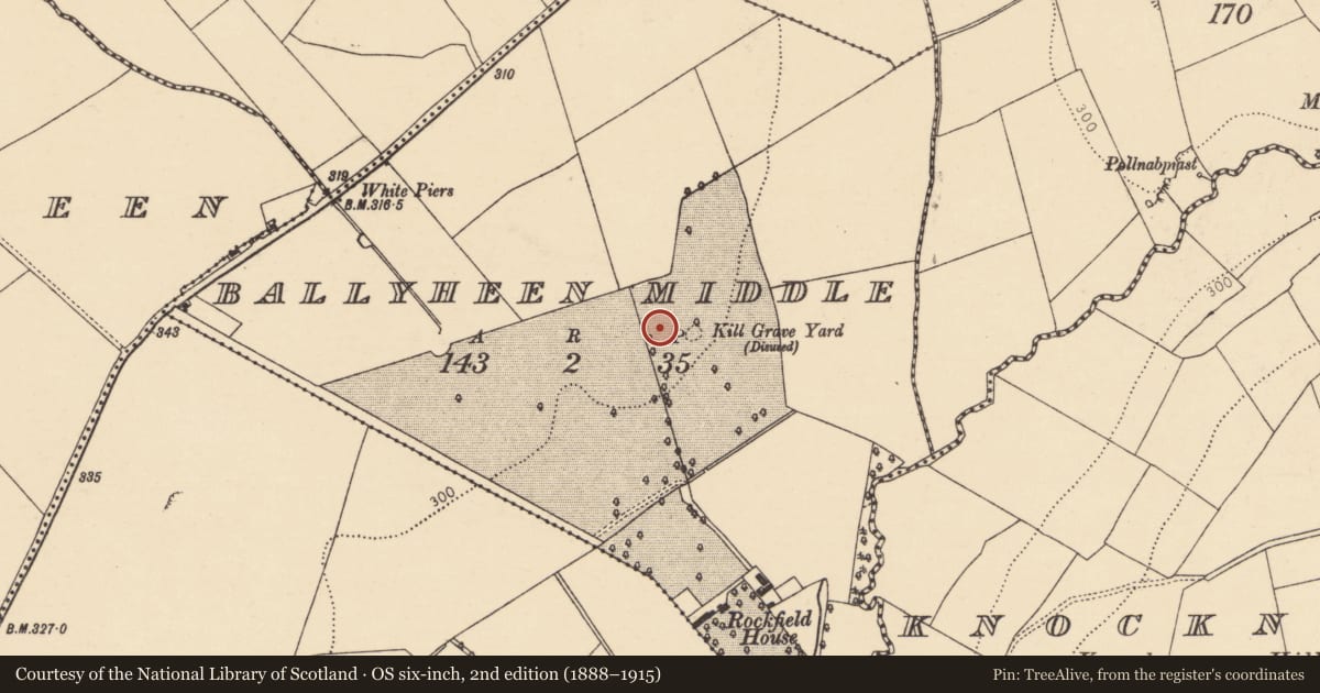 Ordnance Survey six-inch map, 2nd edition (1888–1915) covering the location of Standing stone, Ballyheen Middle, County Cork, with a pin at the register's coordinates