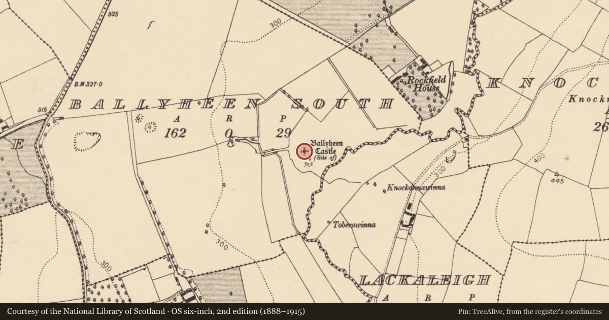 Ordnance Survey six-inch map, 2nd edition (1888–1915) covering the location of Castle - unclassified, Ballyheen South, County Cork, with a pin at the register's coordinates