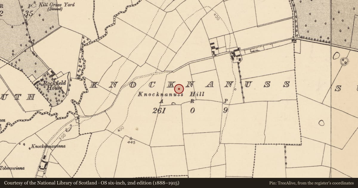 Ordnance Survey six-inch map, 2nd edition (1888–1915) covering the location of Battlefield, Knocknanuss, County Cork, with a pin at the register's coordinates