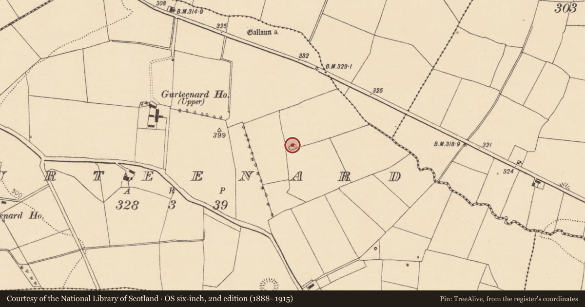 Ordnance Survey six-inch map, 2nd edition (1888–1915) covering the location of Ringfort - rath, Gurteenard, County Cork, with a pin at the register's coordinates