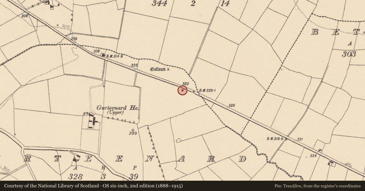 Ordnance Survey six-inch map, 2nd edition (1888–1915) covering the location of Fulacht fia, Gurteenard, County Cork, with a pin at the register's coordinates