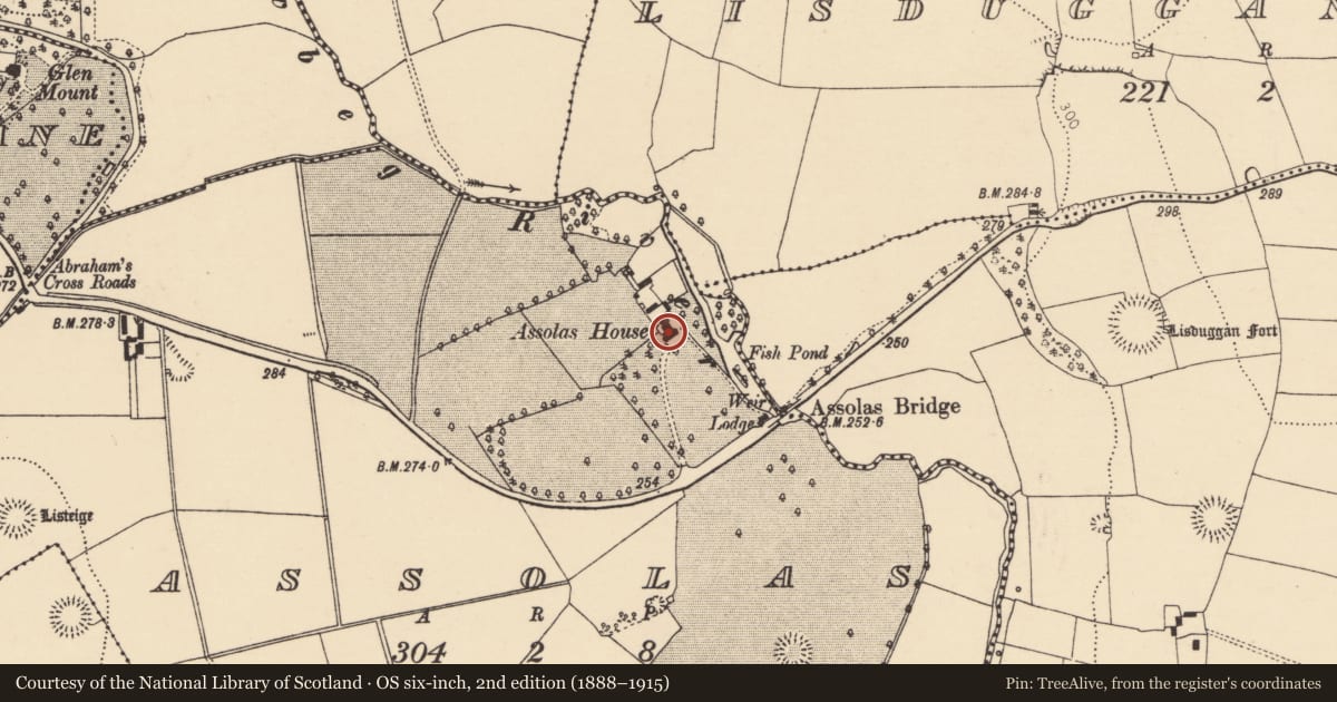 Ordnance Survey six-inch map, 2nd edition (1888–1915) covering the location of Castle - unclassified, Assolas, County Cork, with a pin at the register's coordinates