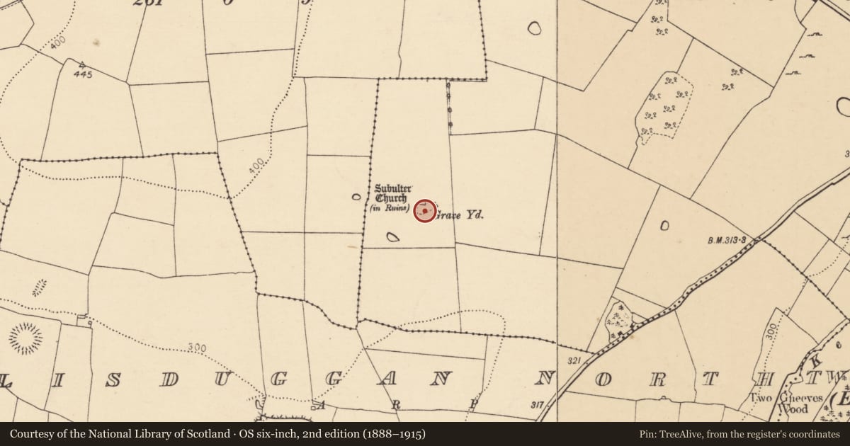 Ordnance Survey six-inch map, 2nd edition (1888–1915) covering the location of Graveyard, Subulter, County Cork, with a pin at the register's coordinates