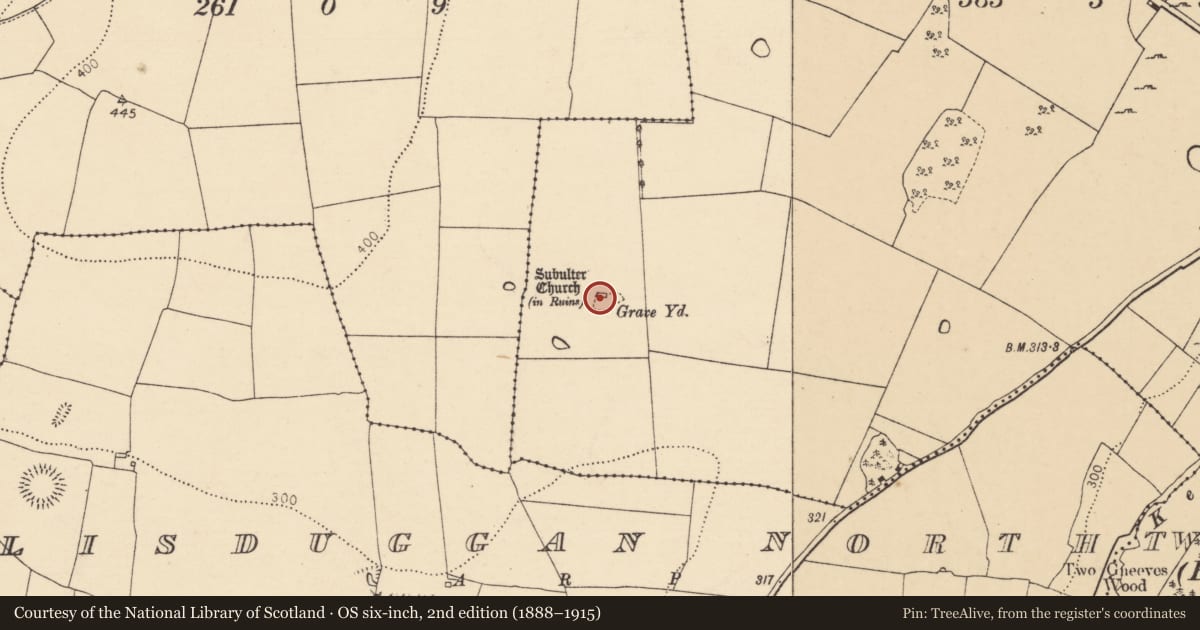 Ordnance Survey six-inch map, 2nd edition (1888–1915) covering the location of Church, Subulter, County Cork, with a pin at the register's coordinates