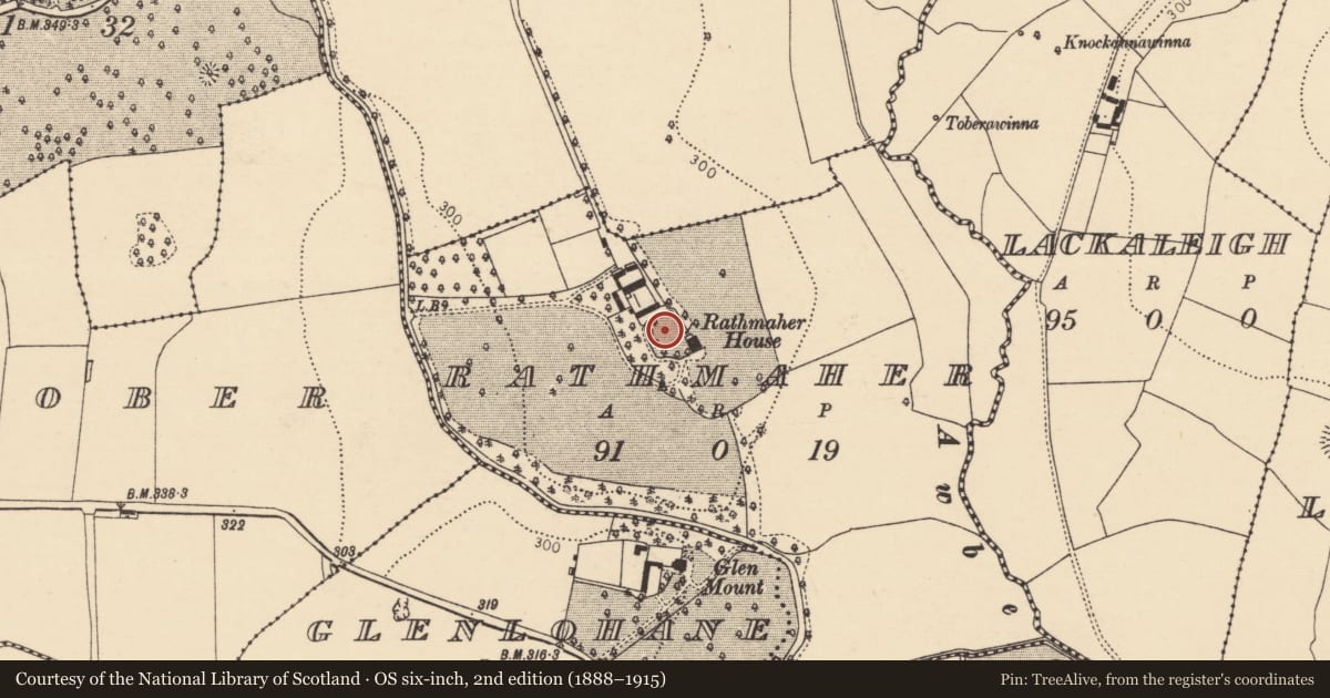 Ordnance Survey six-inch map, 2nd edition (1888–1915) covering the location of Ringfort - rath, Rathmaher, County Cork, with a pin at the register's coordinates