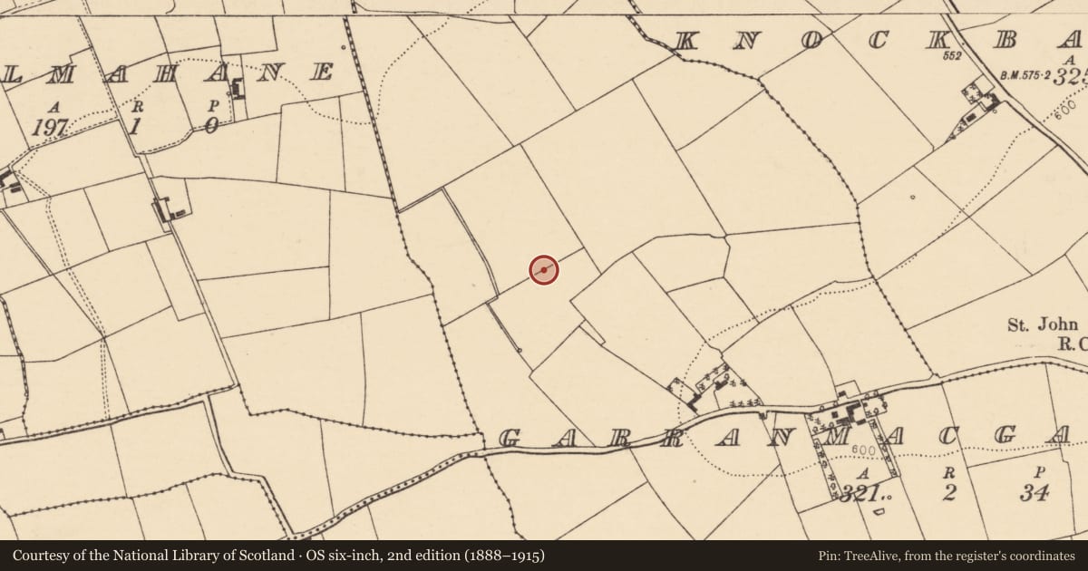 Ordnance Survey six-inch map, 2nd edition (1888–1915) covering the location of Fulacht fia, Garranmacgarrett, County Cork, with a pin at the register's coordinates