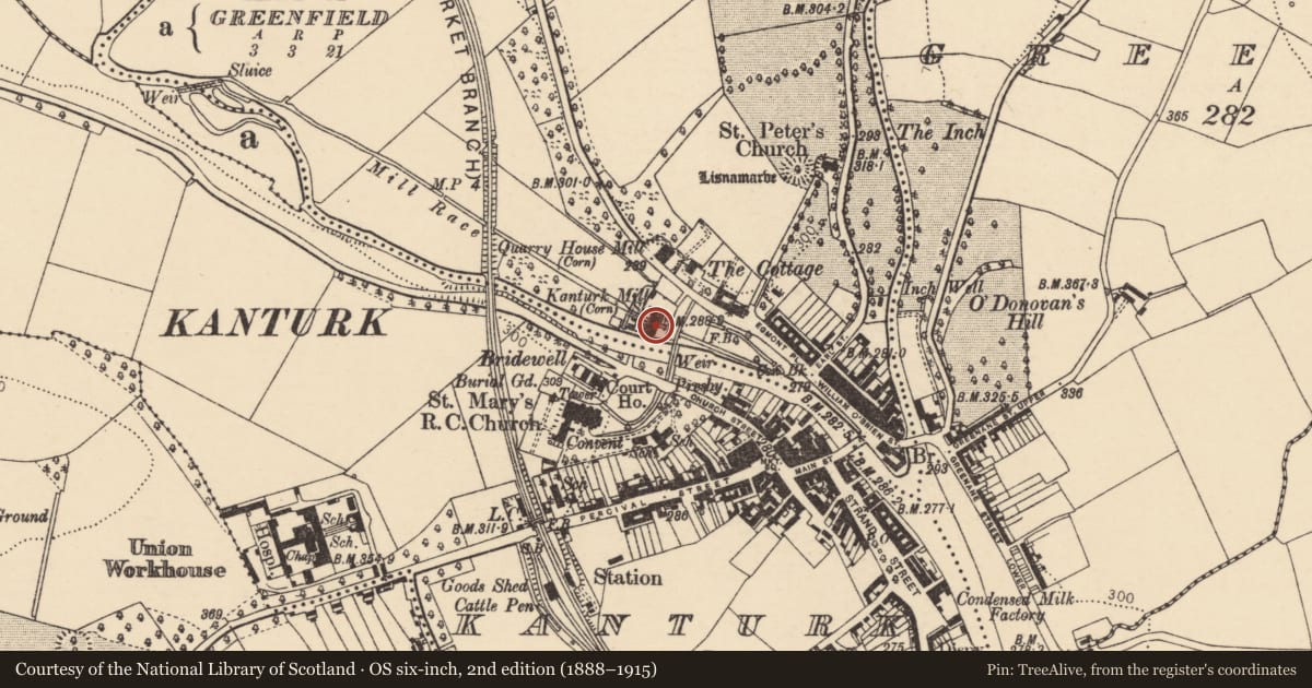 Ordnance Survey six-inch map, 2nd edition (1888–1915) covering the location of Mill - corn, Curragh (Duhallow By., Clonfert Par.), County Cork, with a pin at the register's coordinates