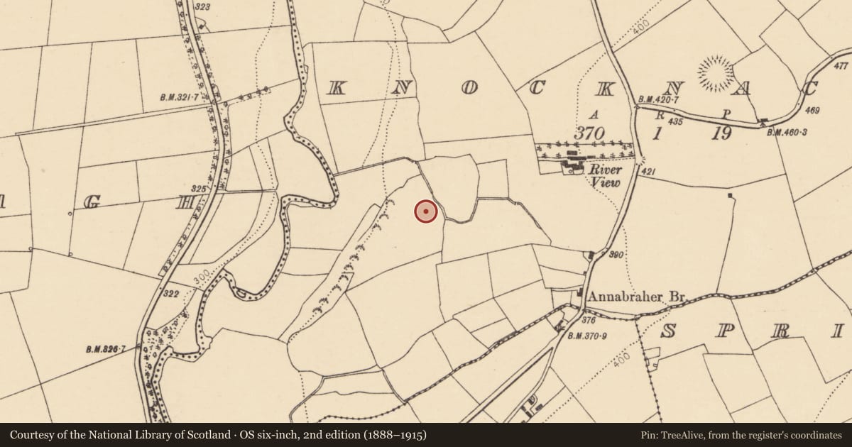 Ordnance Survey six-inch map, 2nd edition (1888–1915) covering the location of Enclosure, Knocknacolan, County Cork, with a pin at the register's coordinates