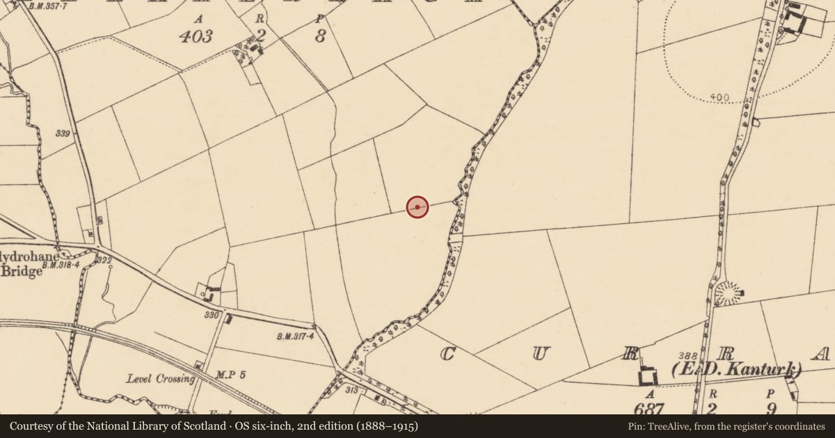 Ordnance Survey six-inch map, 2nd edition (1888–1915) covering the location of Enclosure, Meelaherragh, County Cork, with a pin at the register's coordinates