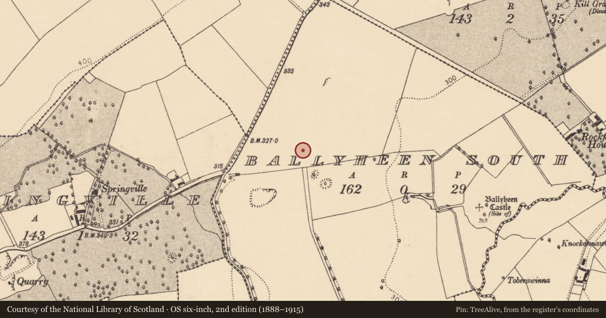 Ordnance Survey six-inch map, 2nd edition (1888–1915) covering the location of Enclosure, Ballyheen South, County Cork, with a pin at the register's coordinates