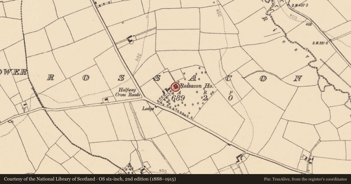 Ordnance Survey six-inch map, 2nd edition (1888–1915) covering the location of Country house, Rossacon, County Cork, with a pin at the register's coordinates