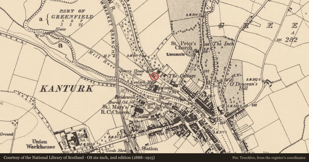 Ordnance Survey six-inch map, 2nd edition (1888–1915) covering the location of Mill - corn, Curragh (Duhallow By., Clonfert Par.), County Cork, with a pin at the register's coordinates