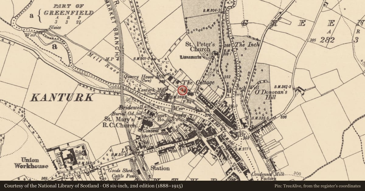 Ordnance Survey six-inch map, 2nd edition (1888–1915) covering the location of Church, Curragh (Duhallow By., Clonfert Par.), County Cork, with a pin at the register's coordinates