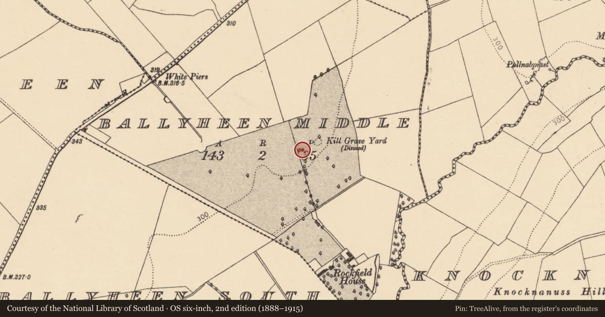 Ordnance Survey six-inch map, 2nd edition (1888–1915) covering the location of Standing stone (present location), Ballyheen Middle, County Cork, with a pin at the register's coordinates