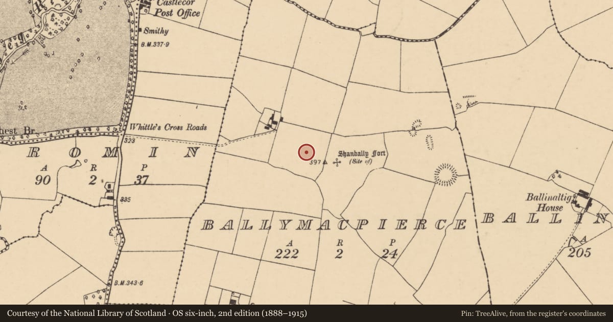 Ordnance Survey six-inch map, 2nd edition (1888–1915) covering the location of Earthwork, Ballymacpierce, County Cork, with a pin at the register's coordinates