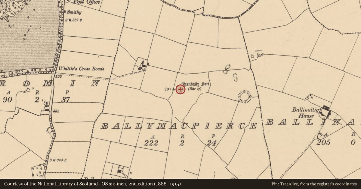 Ordnance Survey six-inch map, 2nd edition (1888–1915) covering the location of Enclosure, Ballymacpierce, County Cork, with a pin at the register's coordinates