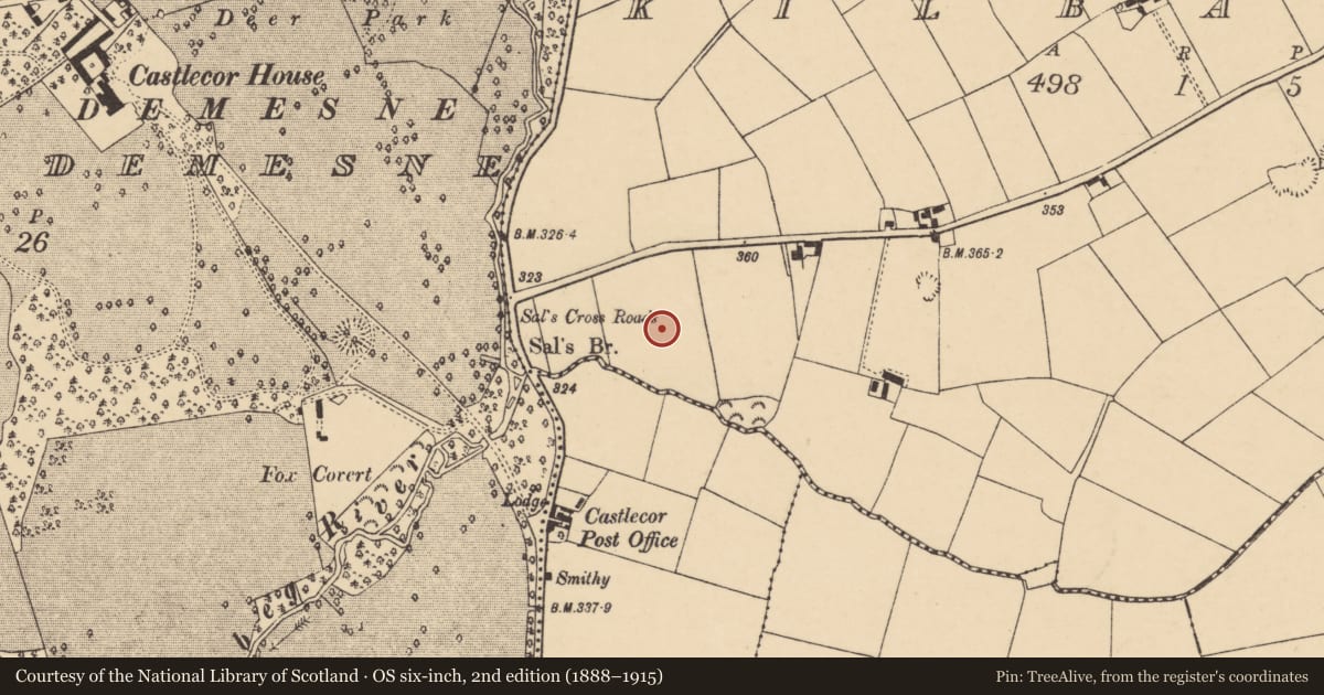 Ordnance Survey six-inch map, 2nd edition (1888–1915) covering the location of Burial ground, Kilbarry, County Cork, with a pin at the register's coordinates