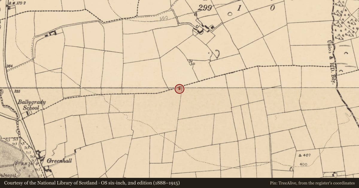 Ordnance Survey six-inch map, 2nd edition (1888–1915) covering the location of Fulacht fia, Kilbarry, County Cork, with a pin at the register's coordinates
