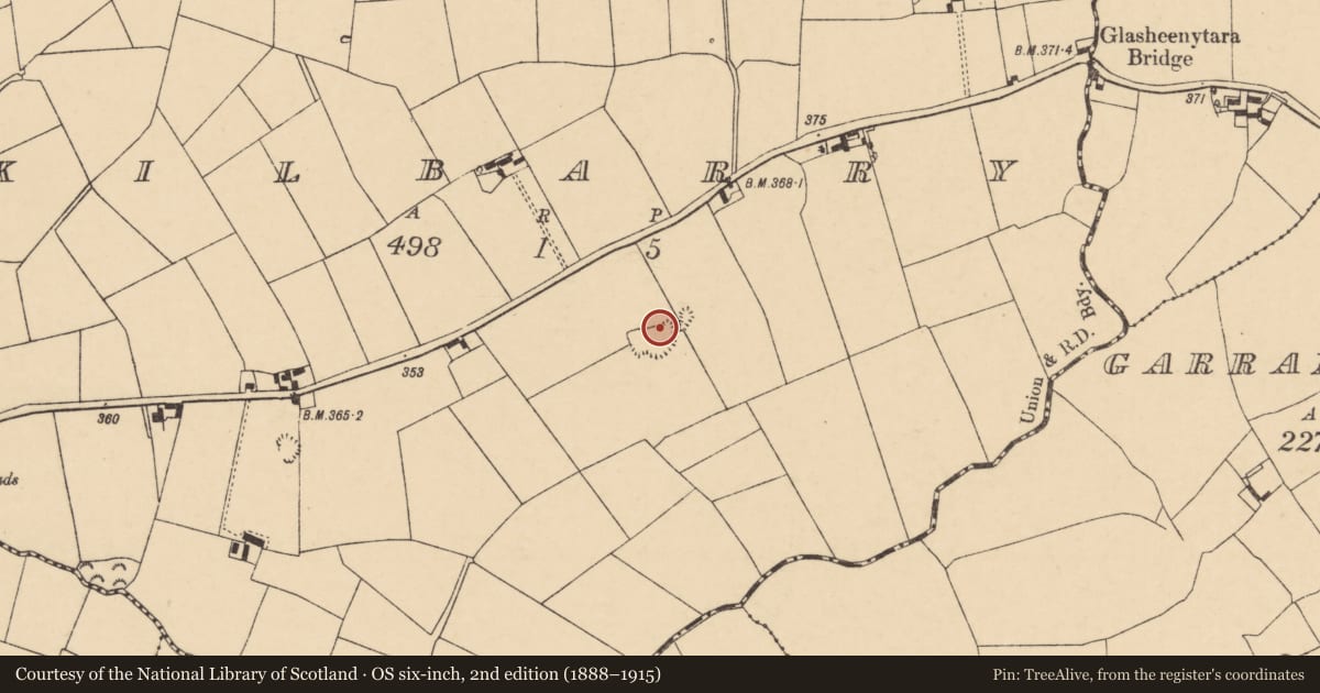 Ordnance Survey six-inch map, 2nd edition (1888–1915) covering the location of Cist, Kilbarry, County Cork, with a pin at the register's coordinates