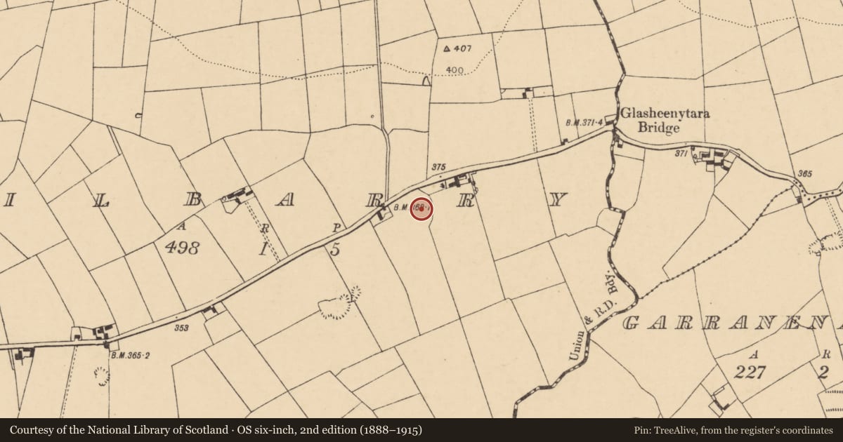 Ordnance Survey six-inch map, 2nd edition (1888–1915) covering the location of Ringfort - rath, Kilbarry, County Cork, with a pin at the register's coordinates