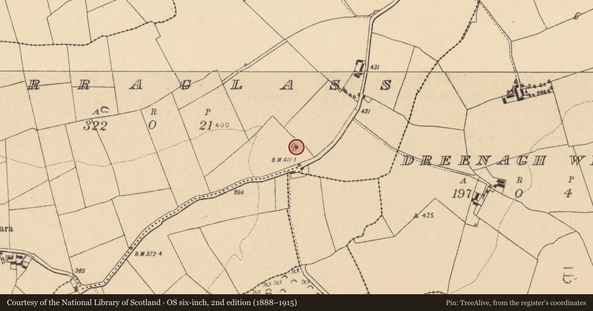 Ordnance Survey six-inch map, 2nd edition (1888–1915) covering the location of Enclosure, Curraglass, County Cork, with a pin at the register's coordinates