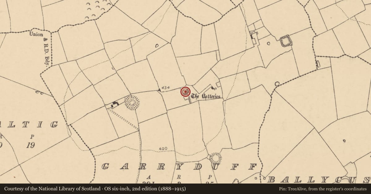 Ordnance Survey six-inch map, 2nd edition (1888–1915) covering the location of Moated site, Garryduff, County Cork, with a pin at the register's coordinates