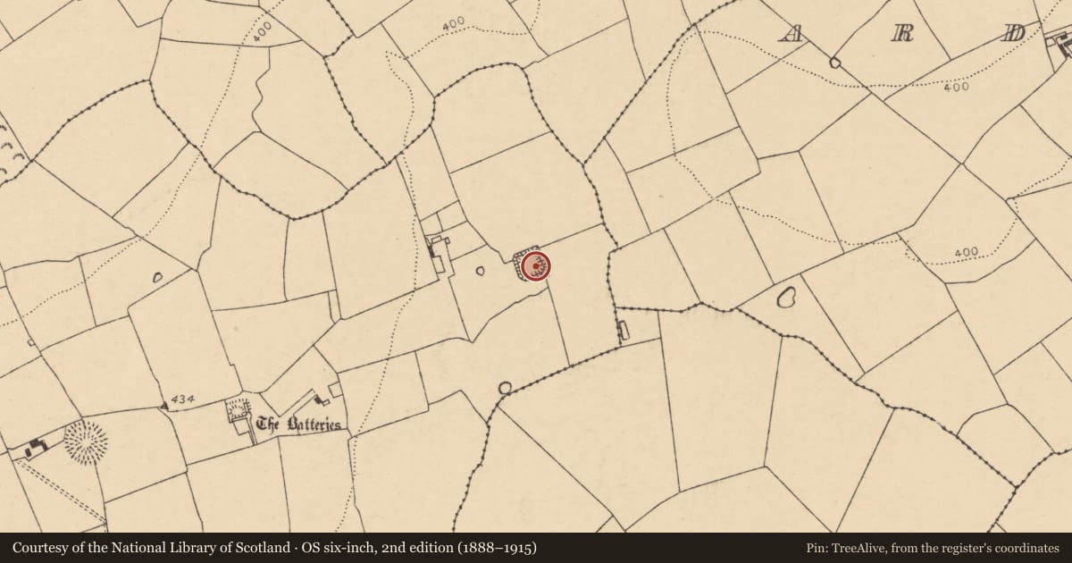 Ordnance Survey six-inch map, 2nd edition (1888–1915) covering the location of Moated site, Garryduff, County Cork, with a pin at the register's coordinates