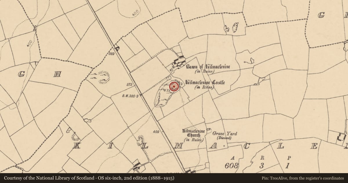 Ordnance Survey six-inch map, 2nd edition (1888–1915) covering the location of Castle - Anglo-Norman masonry castle, Kilmaclenine, County Cork, with a pin at the register's coordinates