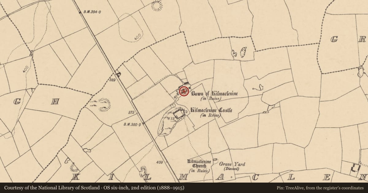 Ordnance Survey six-inch map, 2nd edition (1888–1915) covering the location of House - fortified house, Kilmaclenine, County Cork, with a pin at the register's coordinates