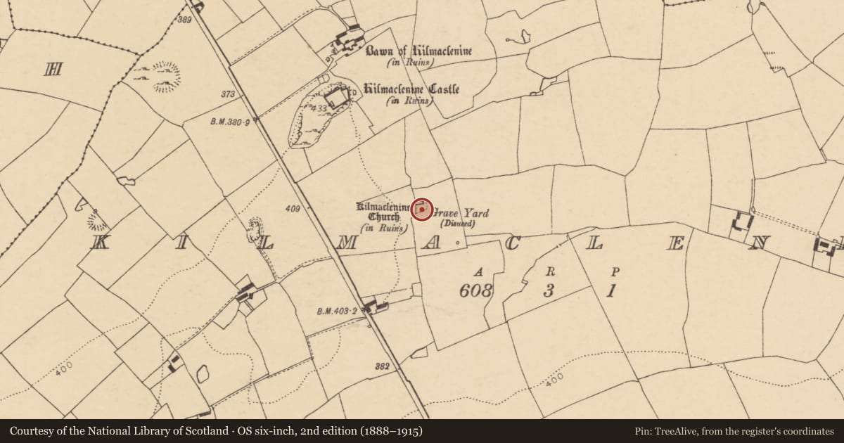 Ordnance Survey six-inch map, 2nd edition (1888–1915) covering the location of Graveyard, Kilmaclenine, County Cork, with a pin at the register's coordinates