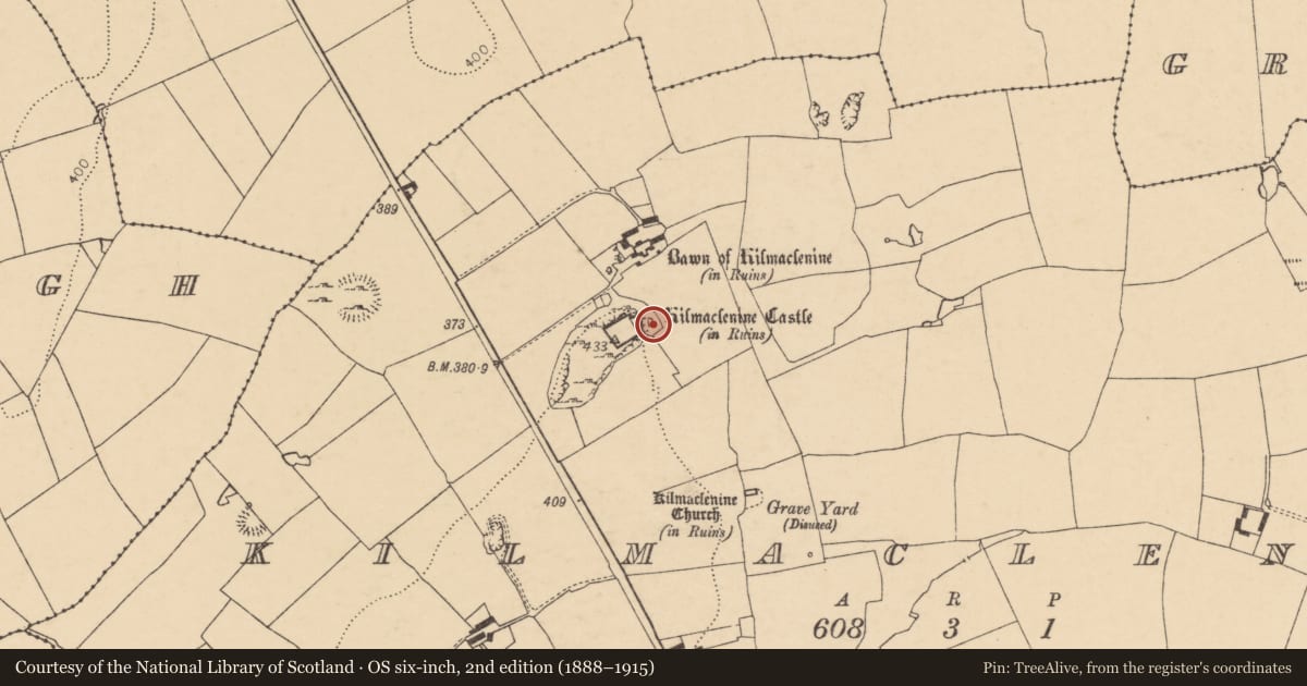 Ordnance Survey six-inch map, 2nd edition (1888–1915) covering the location of Kiln - lime, Kilmaclenine, County Cork, with a pin at the register's coordinates