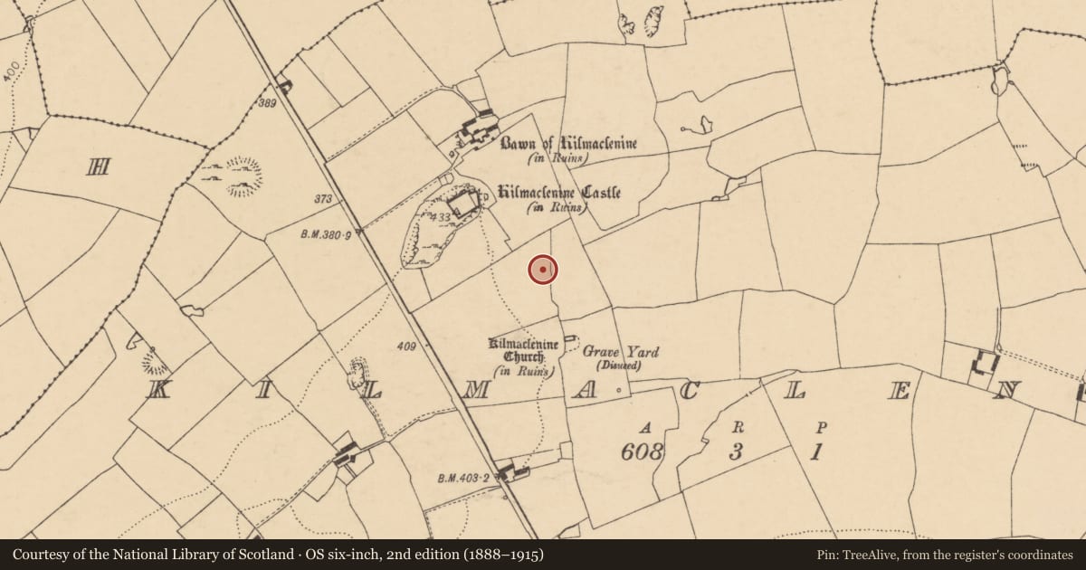 Ordnance Survey six-inch map, 2nd edition (1888–1915) covering the location of Ecclesiastical enclosure, Kilmaclenine, County Cork, with a pin at the register's coordinates