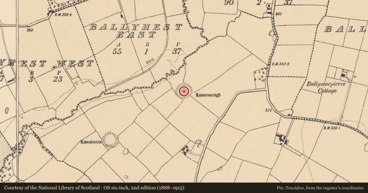 Ordnance Survey six-inch map, 2nd edition (1888–1915) covering the location of Ringfort - rath, Ballyrusheen, County Cork, with a pin at the register's coordinates