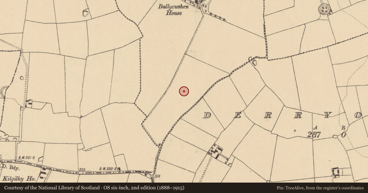 Ordnance Survey six-inch map, 2nd edition (1888–1915) covering the location of Enclosure, Ballycushen, County Cork, with a pin at the register's coordinates