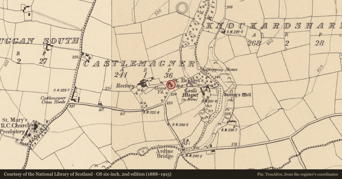 Ordnance Survey six-inch map, 2nd edition (1888–1915) covering the location of Graveyard, Castlemagner, County Cork, with a pin at the register's coordinates