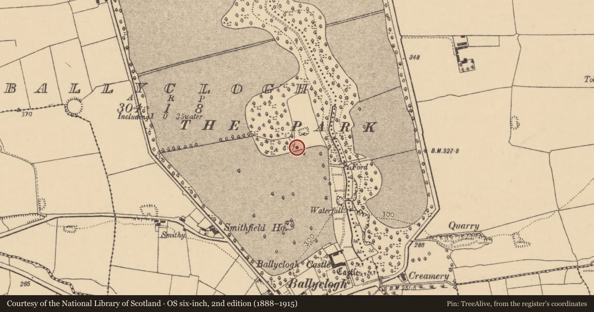 Ordnance Survey six-inch map, 2nd edition (1888–1915) covering the location of Enclosure, Ballyclogh, County Cork, with a pin at the register's coordinates