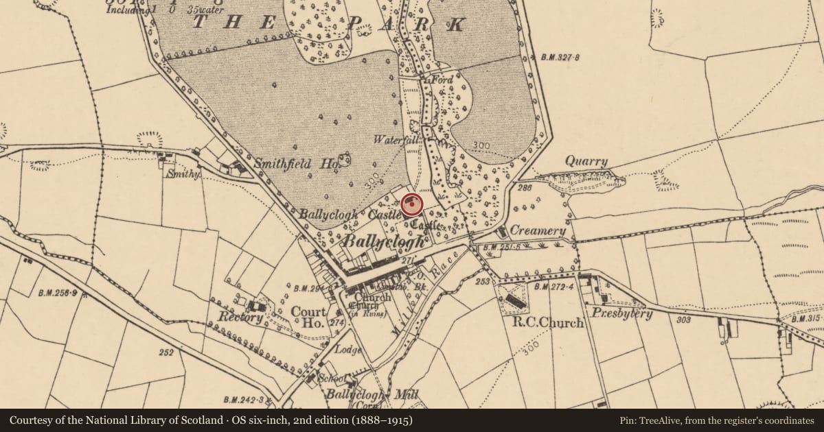 Ordnance Survey six-inch map, 2nd edition (1888–1915) covering the location of Bawn, Ballyclogh, County Cork, with a pin at the register's coordinates