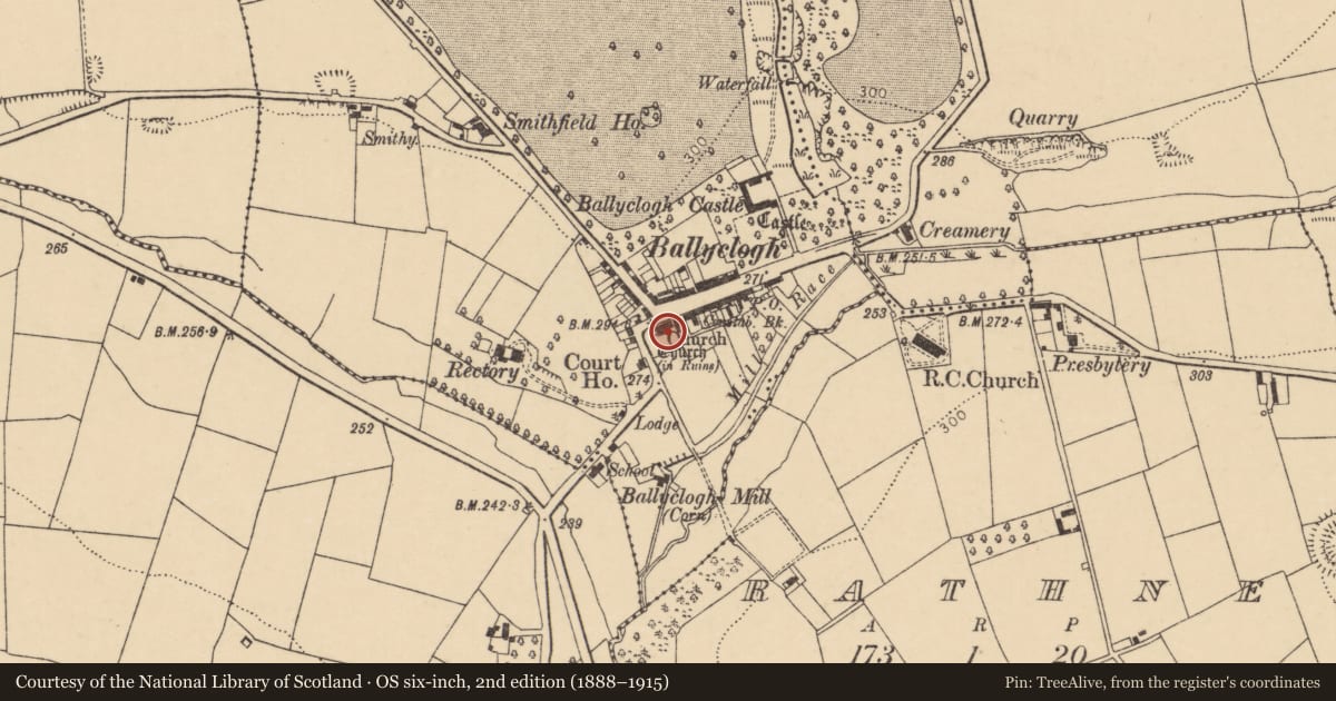 Ordnance Survey six-inch map, 2nd edition (1888–1915) covering the location of Graveyard, Ballyclogh, County Cork, with a pin at the register's coordinates