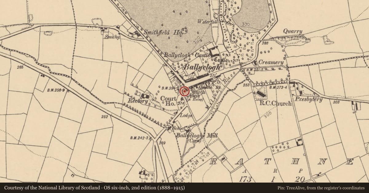 Ordnance Survey six-inch map, 2nd edition (1888–1915) covering the location of Church, Ballyclogh, County Cork, with a pin at the register's coordinates