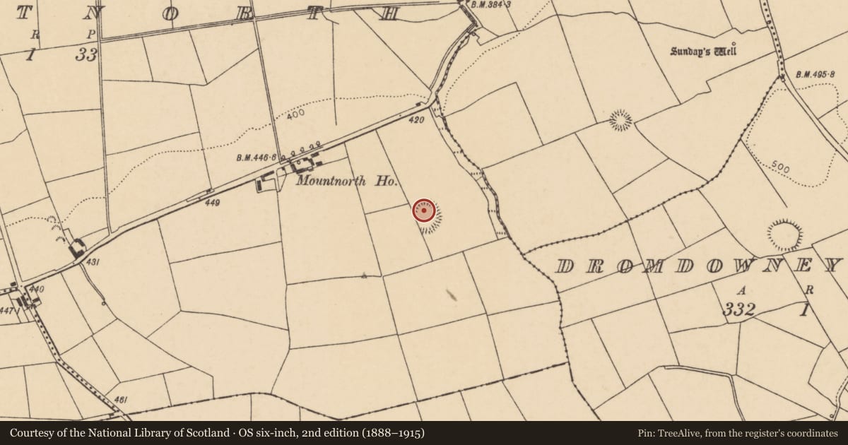 Ordnance Survey six-inch map, 2nd edition (1888–1915) covering the location of Ringfort - rath, Mountnorth, County Cork, with a pin at the register's coordinates