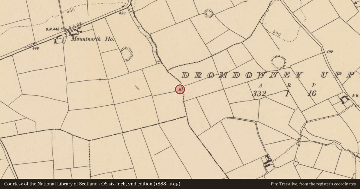 Ordnance Survey six-inch map, 2nd edition (1888–1915) covering the location of Fulacht fia, Mountnorth, County Cork, with a pin at the register's coordinates
