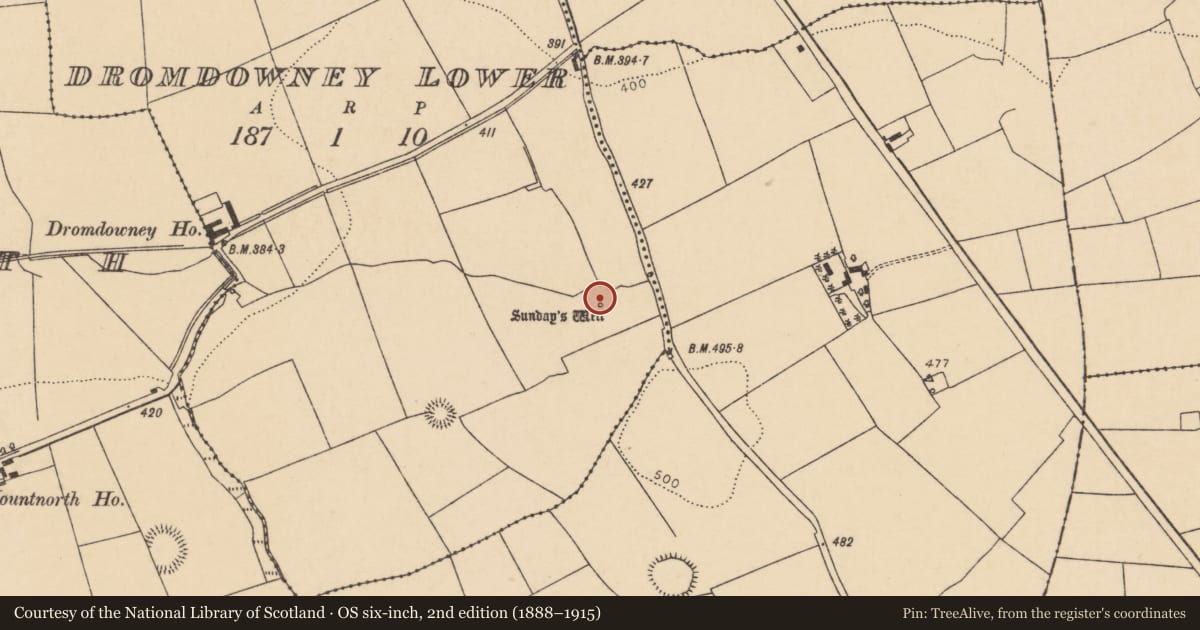 Ordnance Survey six-inch map, 2nd edition (1888–1915) covering the location of Ritual site - holy well, Dromdowney Lower, County Cork, with a pin at the register's coordinates