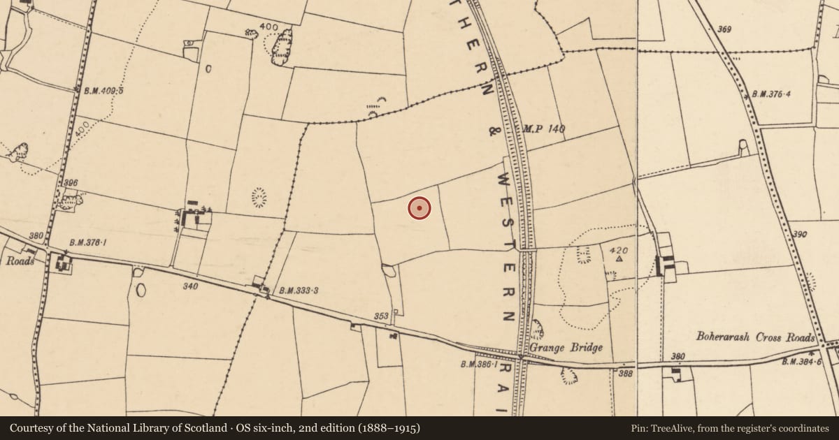 Ordnance Survey six-inch map, 2nd edition (1888–1915) covering the location of Fulacht fia, Ballybeg, County Cork, with a pin at the register's coordinates